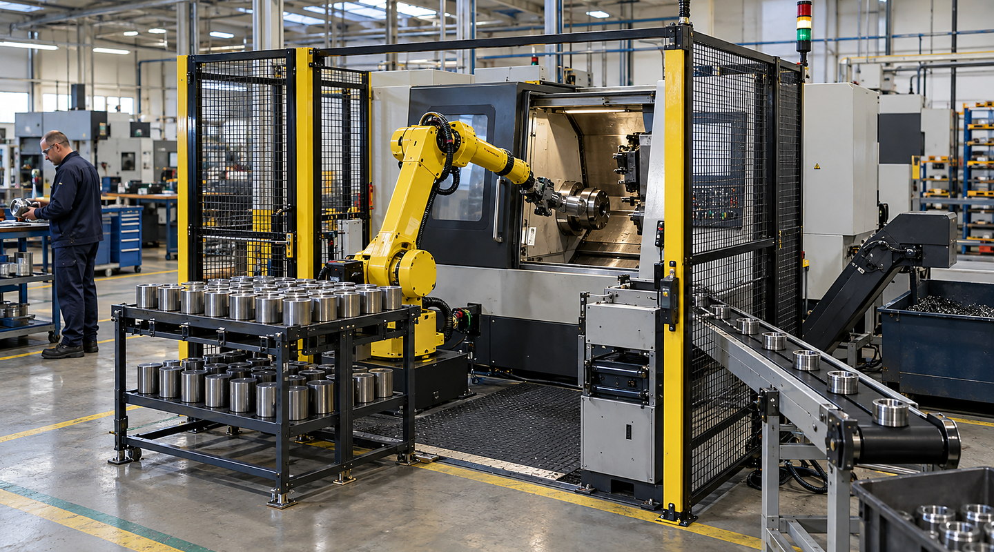 A robot loading a CNC lathe from an organised infeed while completed parts leave the cell and guarding contains the operation.