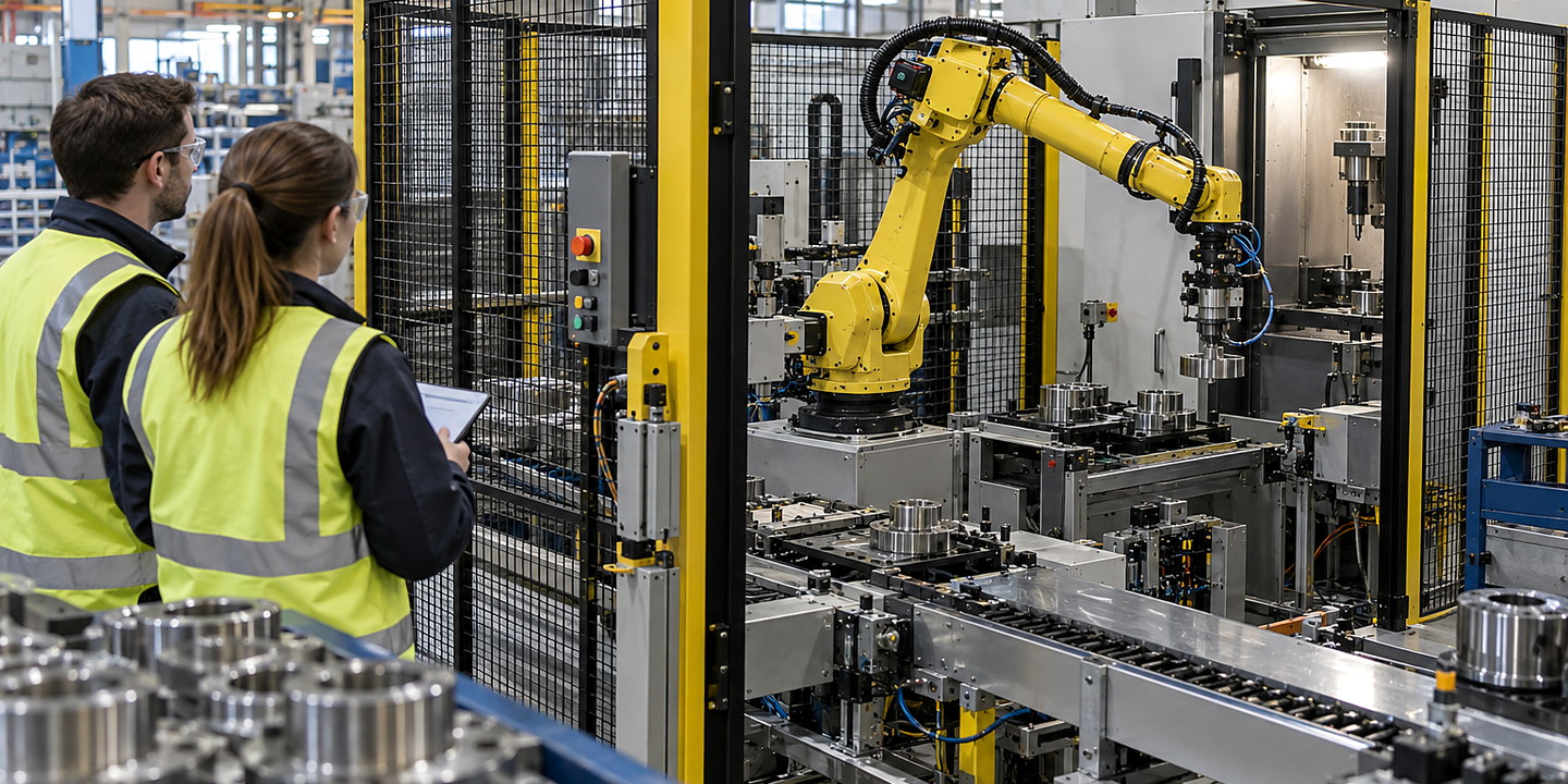 A robot loading a CNC lathe from an organised infeed while completed parts leave the cell and guarding contains the operation.