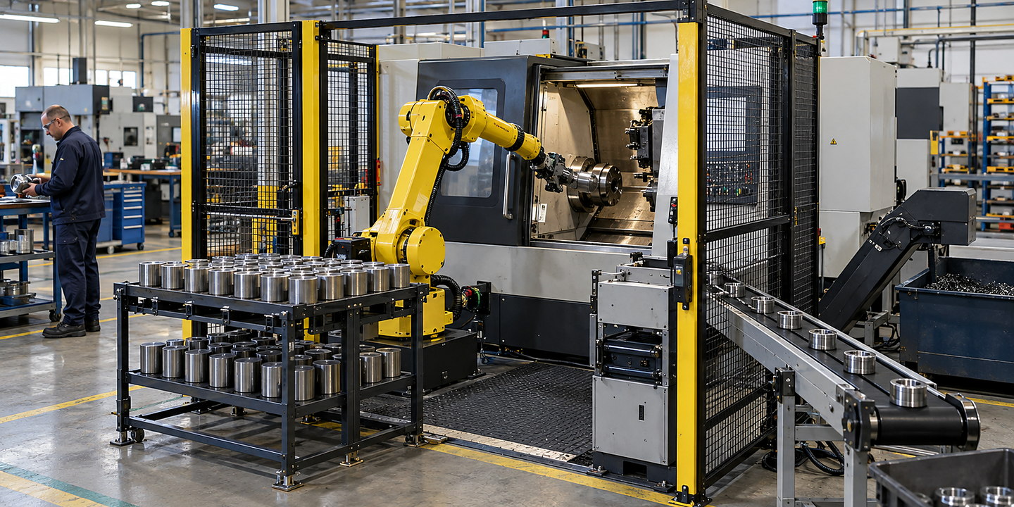 A robot loading a CNC lathe from an organised infeed while completed parts leave the cell and guarding contains the operation.